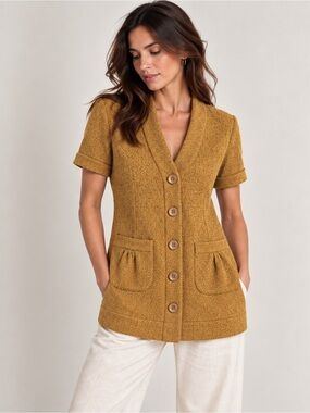Anthropologie Tabitha Mustard Tweed Short Sleeve Blazer Cardigan Size 4
